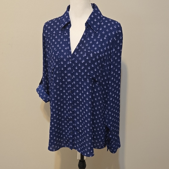 Express Tops - Express Navy Anchor Print Button Down Shirt